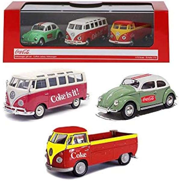 VW Coke Gift Set Beetle, T1 Pickup Samba Bus NEW