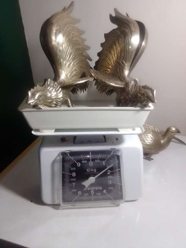 1950's Large Vintage pair of brass fighting roosters. This pair is fierce! Solid heavy cast Brass.