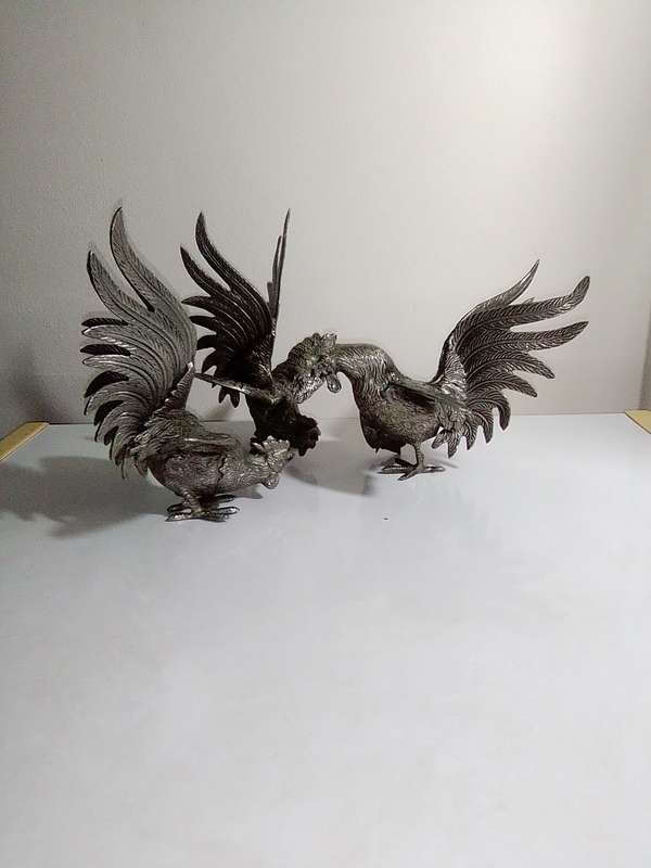 1950's A Vintage lot of Three fighting roosters. They are fierce! Silver plated over Brass.
