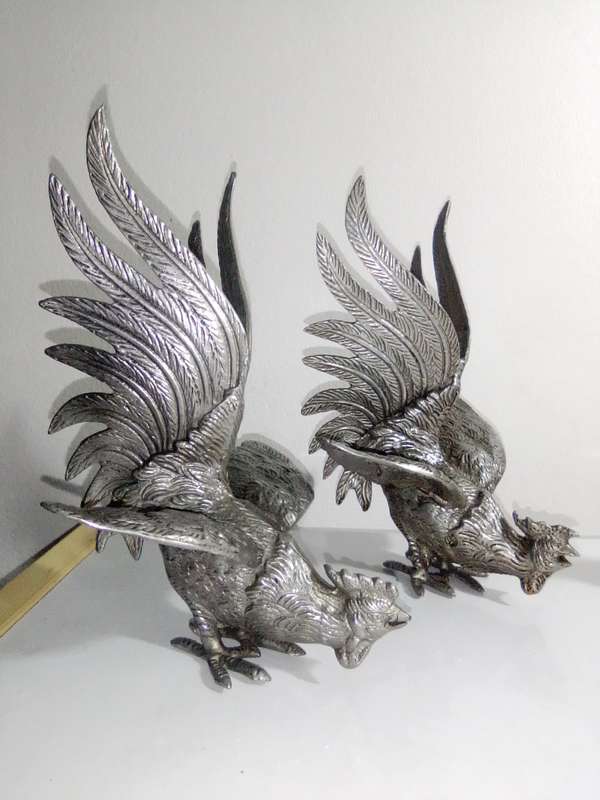 1950's A Vintage lot of Three fighting roosters. They are fierce! Silver plated over Brass.