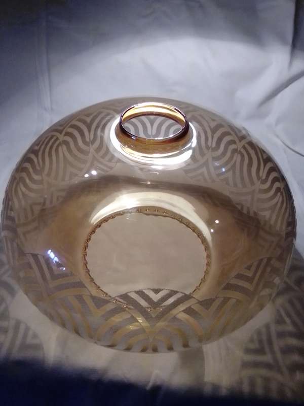 Large Vintage Art Deco Lamp Shade Amber & White Glass and is a chandelier pendant type fixture.