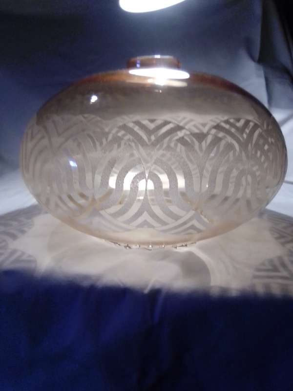 Large Vintage Art Deco Lamp Shade Amber & White Glass and is a chandelier pendant type fixture.