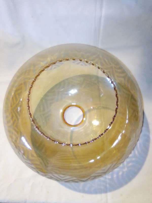 Large Vintage Art Deco Lamp Shade Amber & White Glass and is a chandelier pendant type fixture.