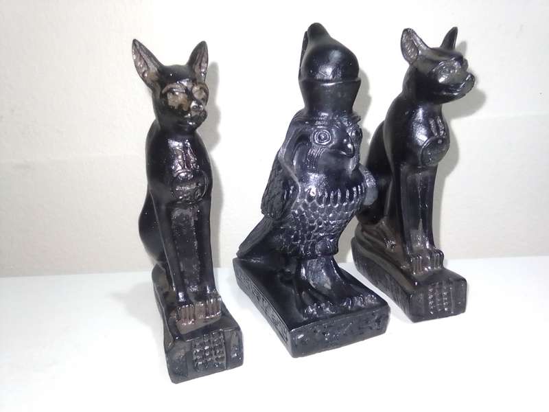 Egyptian Souvenir Statue Figurine Egypt Cat Goddess Bast Bastet Black Cobra And Horus the Falcon.