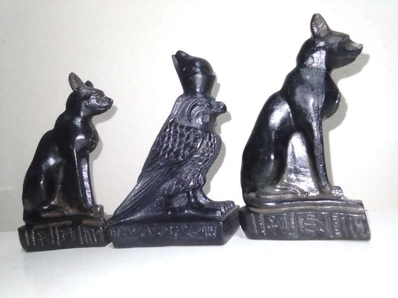 Egyptian Souvenir Statue Figurine Egypt Cat Goddess Bast Bastet Black Cobra And Horus the Falcon.