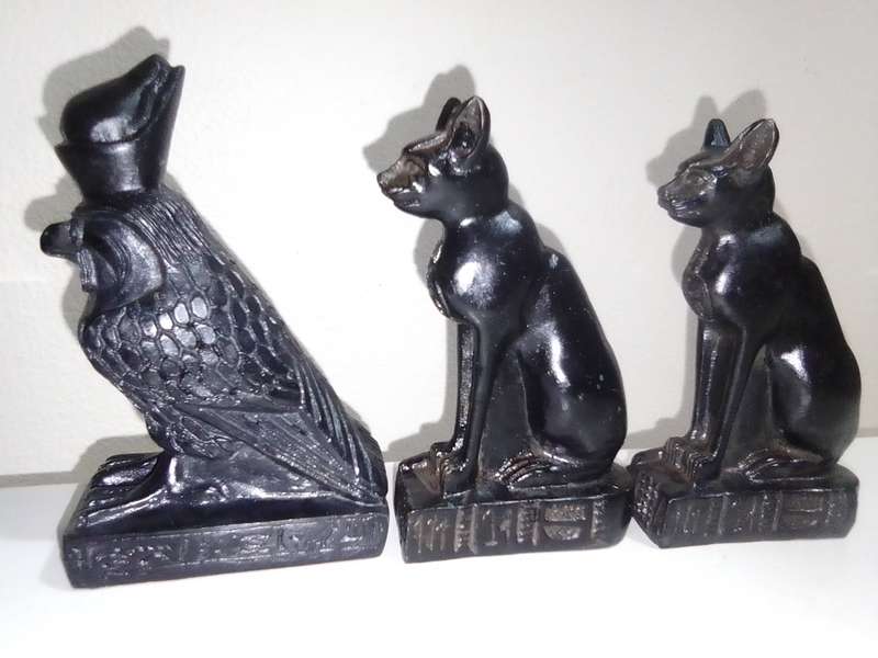 Egyptian Souvenir Statue Figurine Egypt Cat Goddess Bast Bastet Black Cobra And Horus the Falcon.