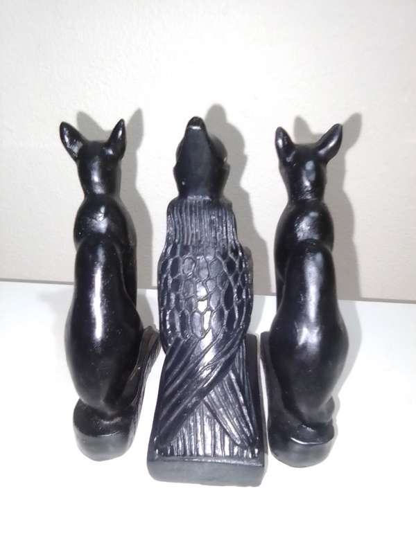 Egyptian Souvenir Statue Figurine Egypt Cat Goddess Bast Bastet Black Cobra And Horus the Falcon.