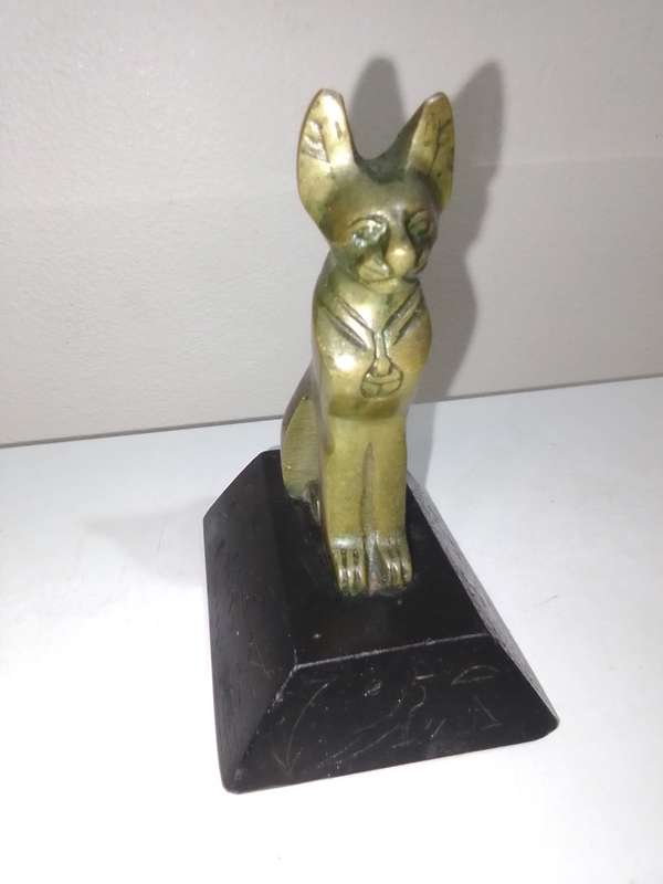 Egyptian Cat Statue Bronze on a Basalt Black base Hieroglyphics, Made in Egypt, Heavy in weight.