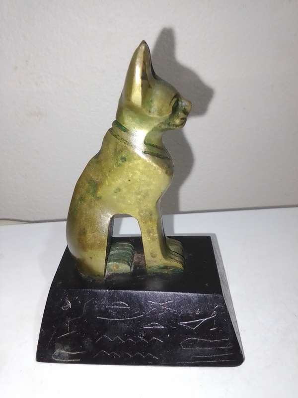 Egyptian Cat Statue Bronze on a Basalt Black base Hieroglyphics, Made in Egypt, Heavy in weight.