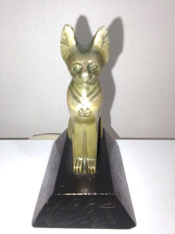 Egyptian Cat Statue Bronze on a Basalt Black base Hieroglyphics, Made in Egypt, Heavy in weight.