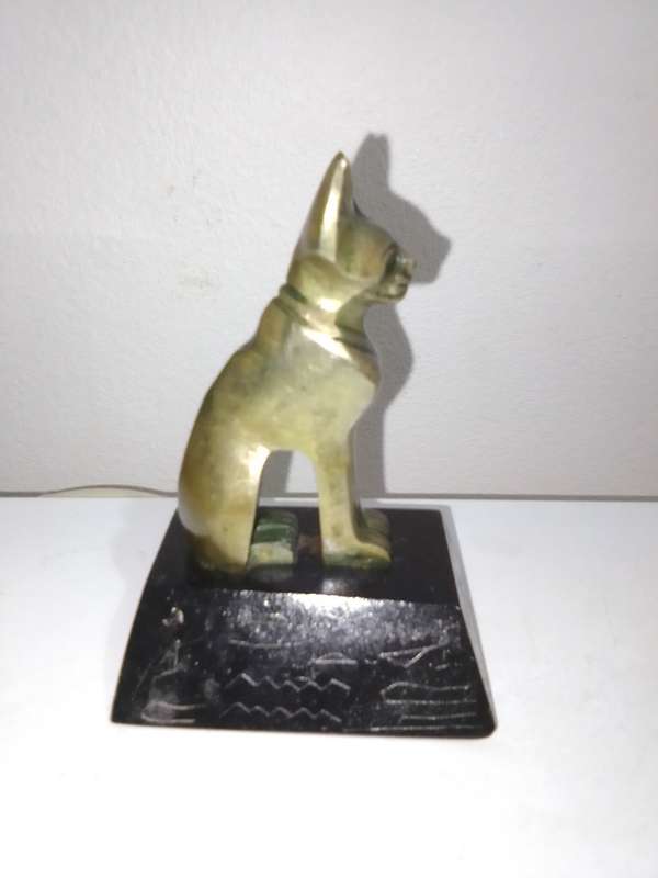 Egyptian Cat Statue Bronze on a Basalt Black base Hieroglyphics, Made in Egypt, Heavy in weight.