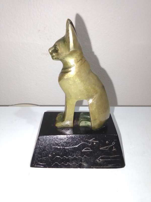 Egyptian Cat Statue Bronze on a Basalt Black base Hieroglyphics, Made in Egypt, Heavy in weight.