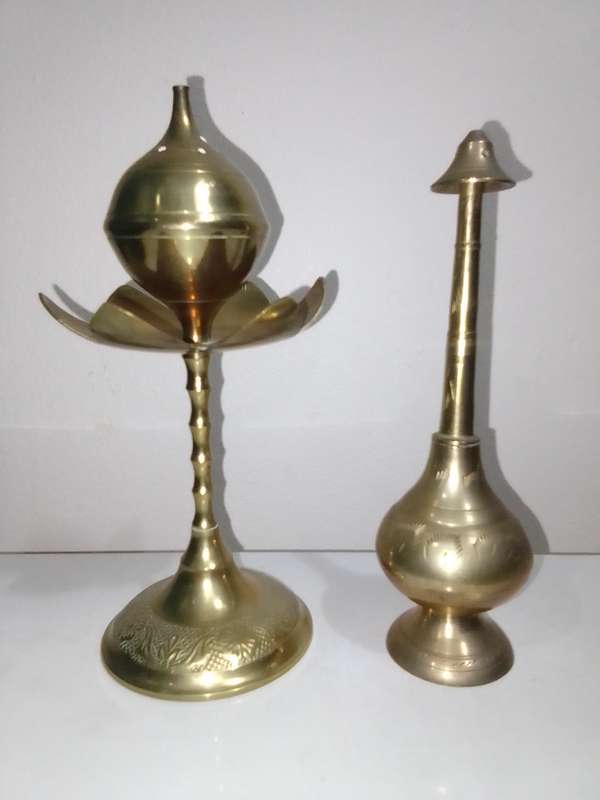 2 x Elegant Vintage Brass Perfume Rose Water Sprinkler|Old Brass Perfume Bottles Essence Holders.