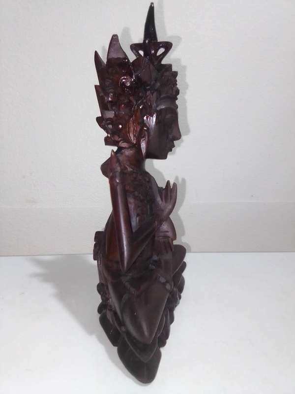 Antique Chinese hand carved wooden Buddha Statue Maitreya sitting on a Lotis flower.