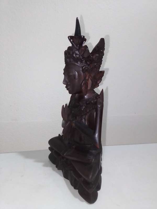 Antique Chinese hand carved wooden Buddha Statue Maitreya sitting on a Lotis flower.