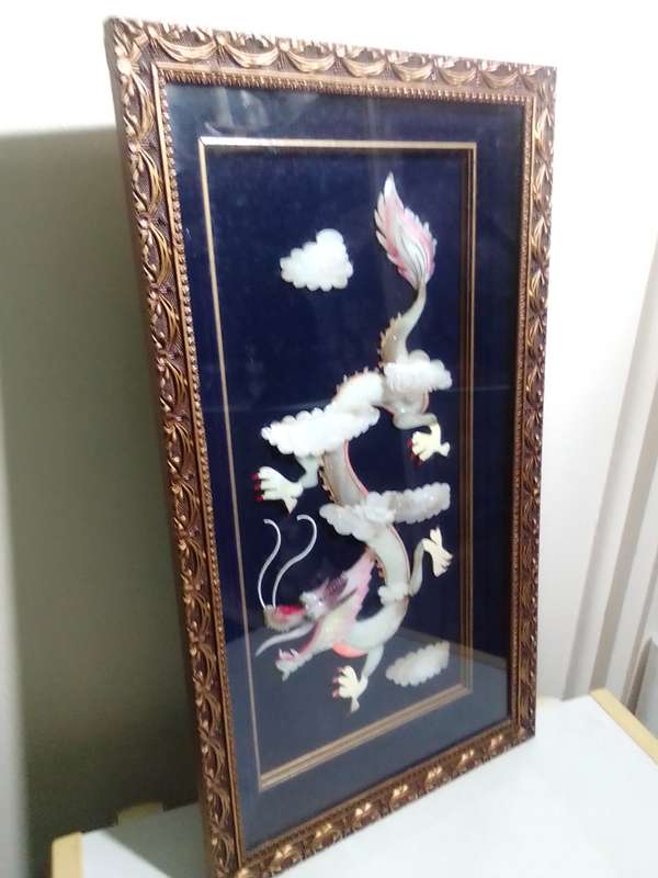 FREE SHIPPING> Very scarce, Framed. Antique Chinese Hand Carved JADE/Mother of pearl Dragon.