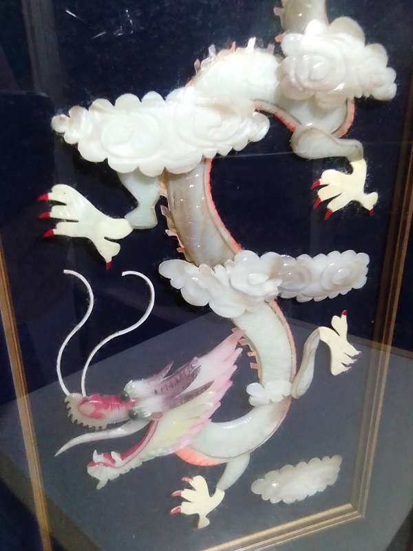 FREE SHIPPING> Very scarce, Framed. Antique Chinese Hand Carved JADE/Mother of pearl Dragon.