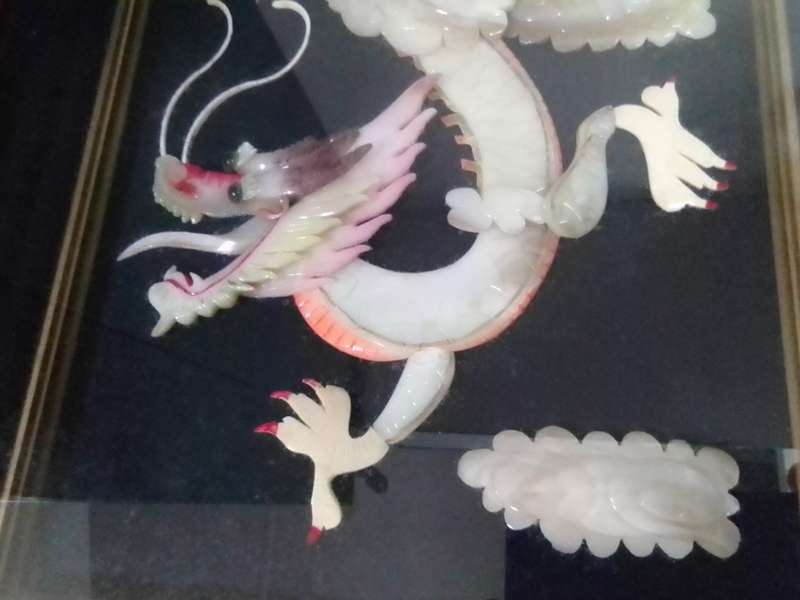 FREE SHIPPING> Very scarce, Framed. Antique Chinese Hand Carved JADE/Mother of pearl Dragon.