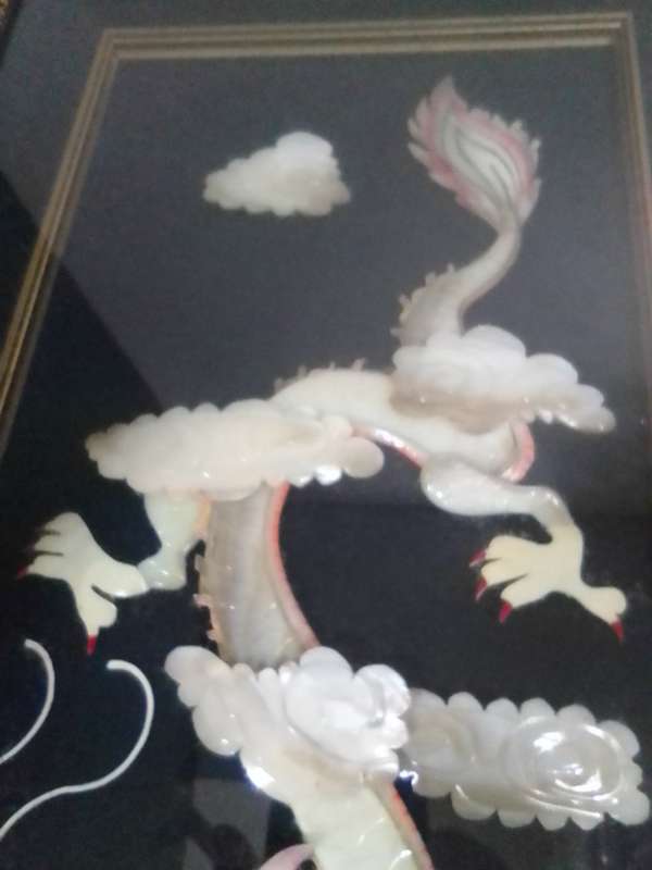 FREE SHIPPING> Very scarce, Framed. Antique Chinese Hand Carved JADE/Mother of pearl Dragon.