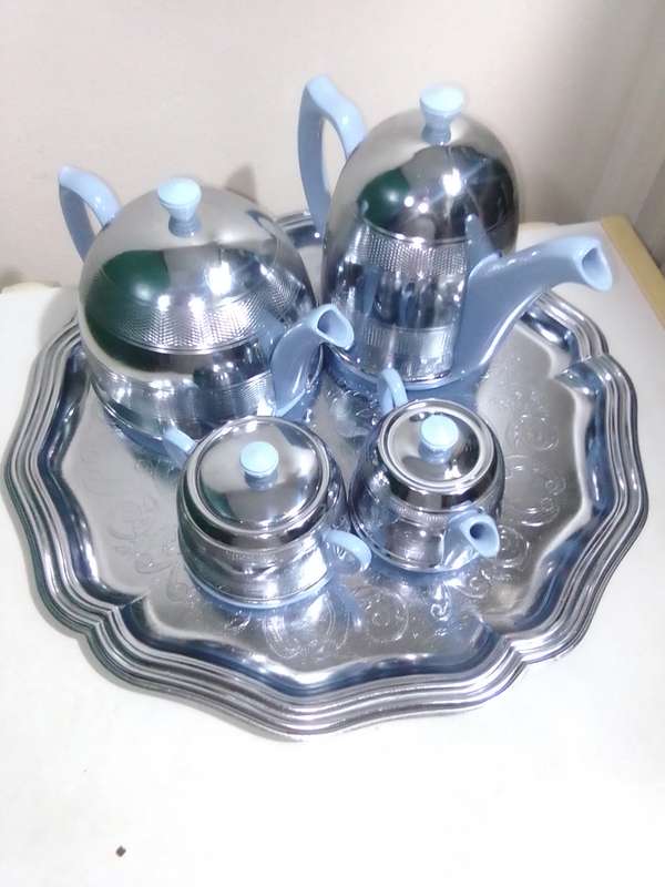 Chrome covered 1940s Light Blue Tea Set By Everhot Tea/Coffie Pot Sugar bowl and milk jug / creamer