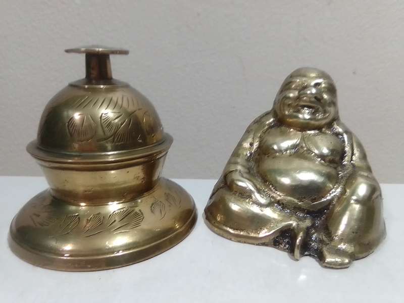 Wow A Collectible Antique Chinese Bronze Laughing Putai Buddha and Tempel bell with stand.
