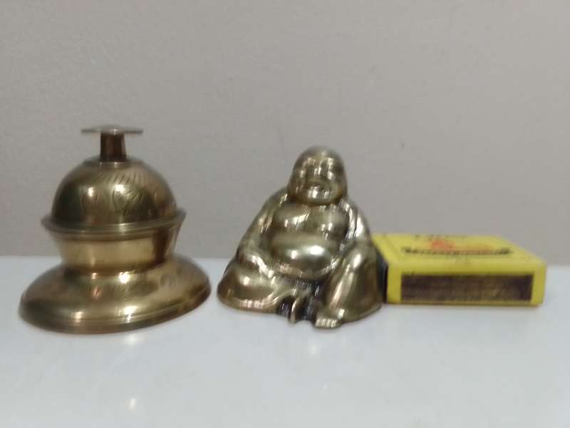 Wow A Collectible Antique Chinese Bronze Laughing Putai Buddha and Tempel bell with stand.