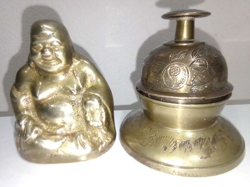 Wow  a Antique Chinese Bronze Laughing Putai Buddha and a Temple bell with stand..