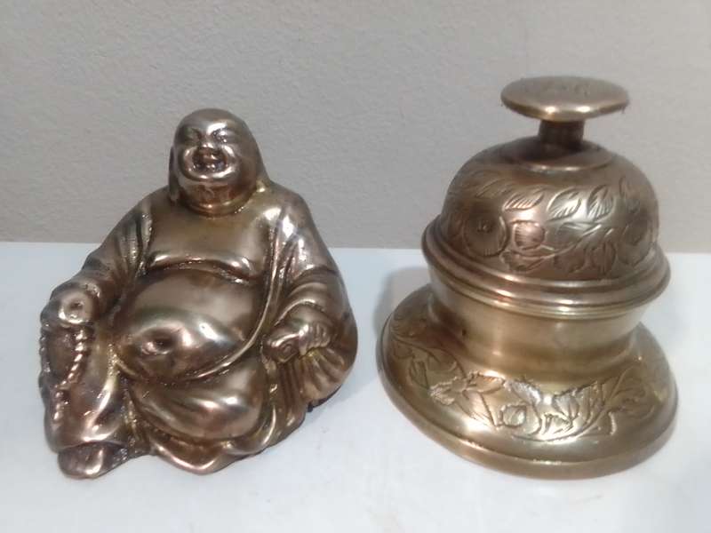 Wow Awesome Brass Laughing Buddha and Engraved Elephant claw Tempel bell Dates from around 1960s