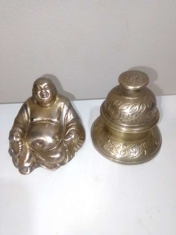 Wow Awesome Brass Laughing Buddha and Engraved Elephant claw Tempel bell Dates from around 1960s