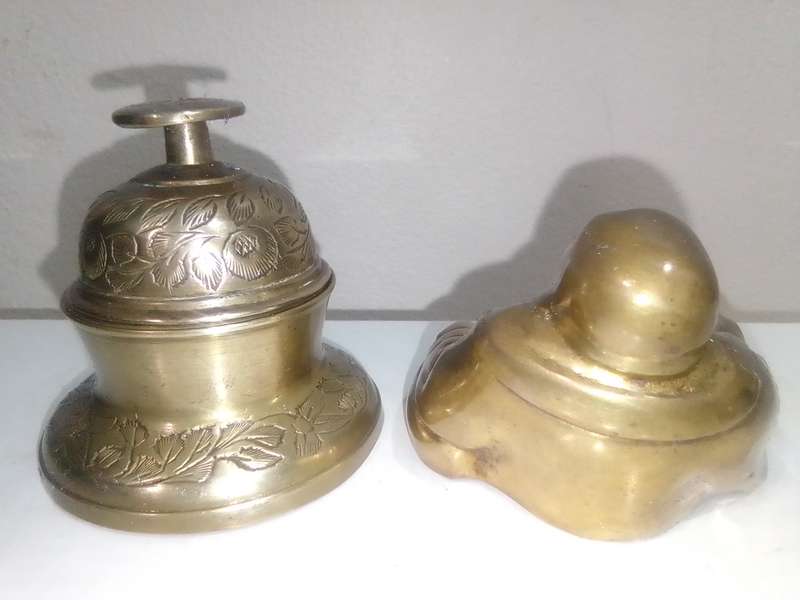 Wow Awesome Brass Laughing Buddha and Engraved Elephant claw Tempel bell Dates from around 1960s