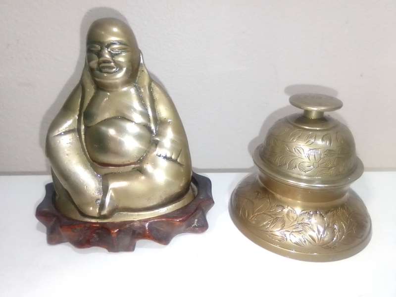 Awesome Antique Brass Buddha with wooden stand and Tempel bell and stand.
