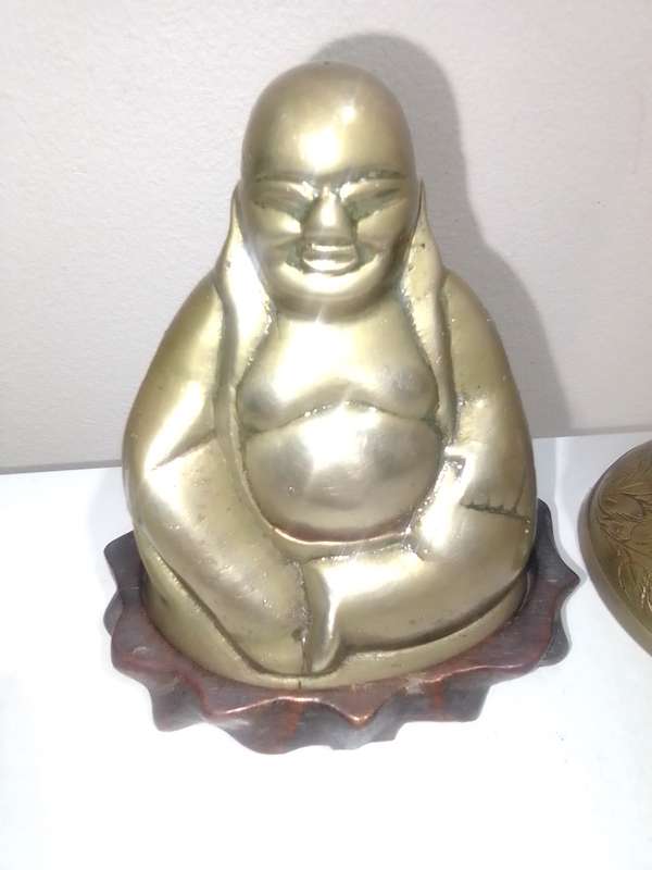 Awesome Antique Brass Buddha with wooden stand and Tempel bell and stand.