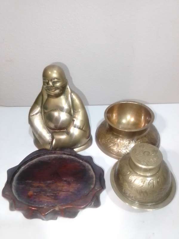 Awesome Antique Brass Buddha with wooden stand and Tempel bell and stand.