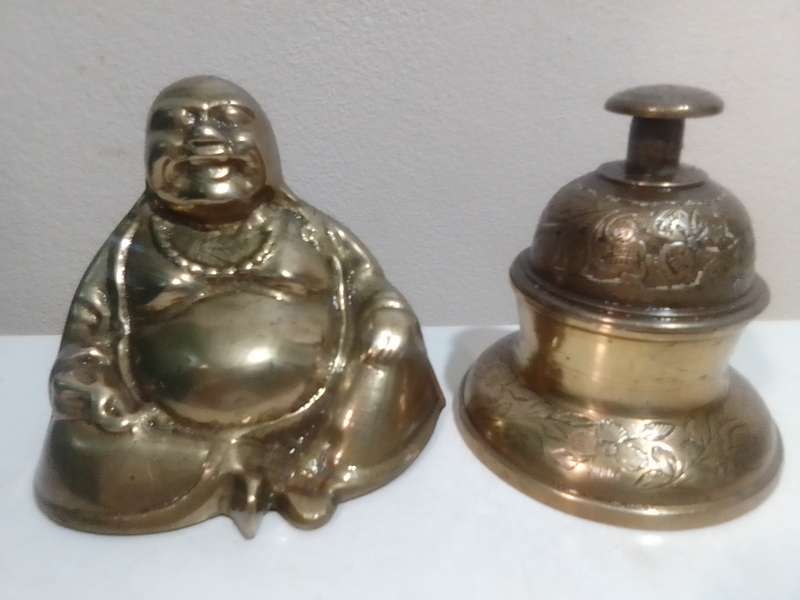 Awesome Chinese Brass Buddha, Budai, and a brass etched Tempel bell with stand holder.