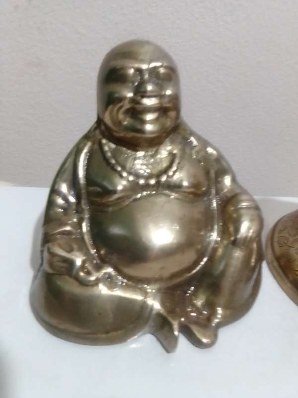 Awesome Chinese Brass Buddha, Budai, and a brass etched Tempel bell with stand holder.