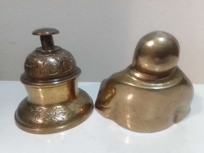 Awesome Chinese Brass Buddha, Budai, and a brass etched Tempel bell with stand holder.