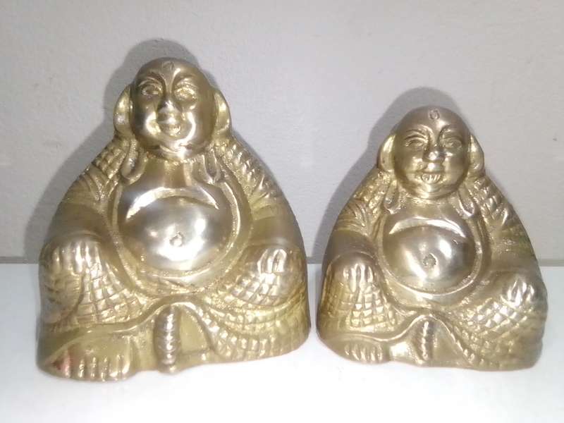 2 x Awesome Chinese Brass Laughing Buddha, Budai with engravings and a lot of platina.