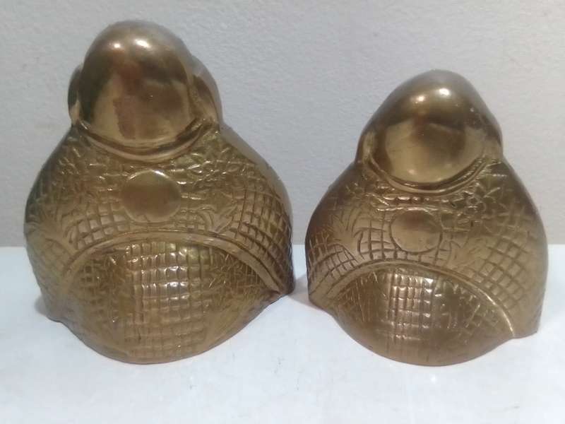 2 x Awesome Chinese Brass Laughing Buddha, Budai with engravings and a lot of platina.
