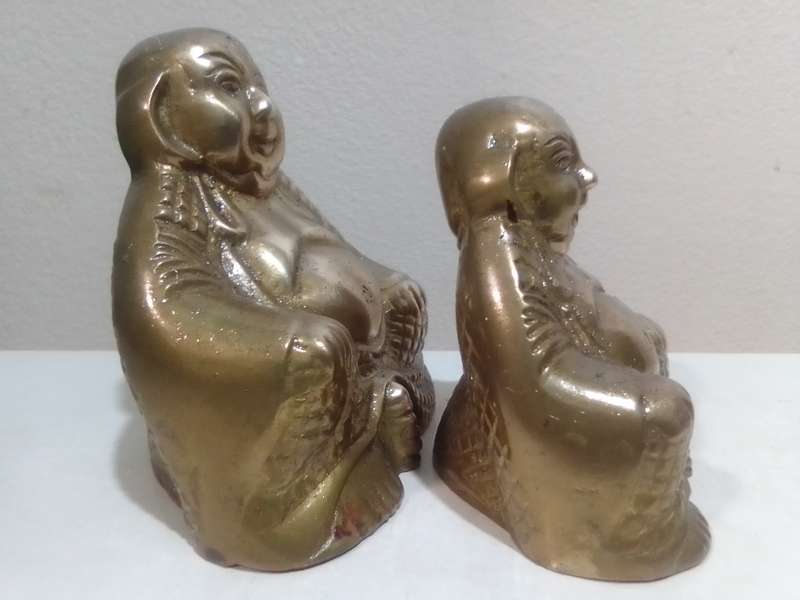 2 x Awesome Chinese Brass Laughing Buddha, Budai with engravings and a lot of platina.