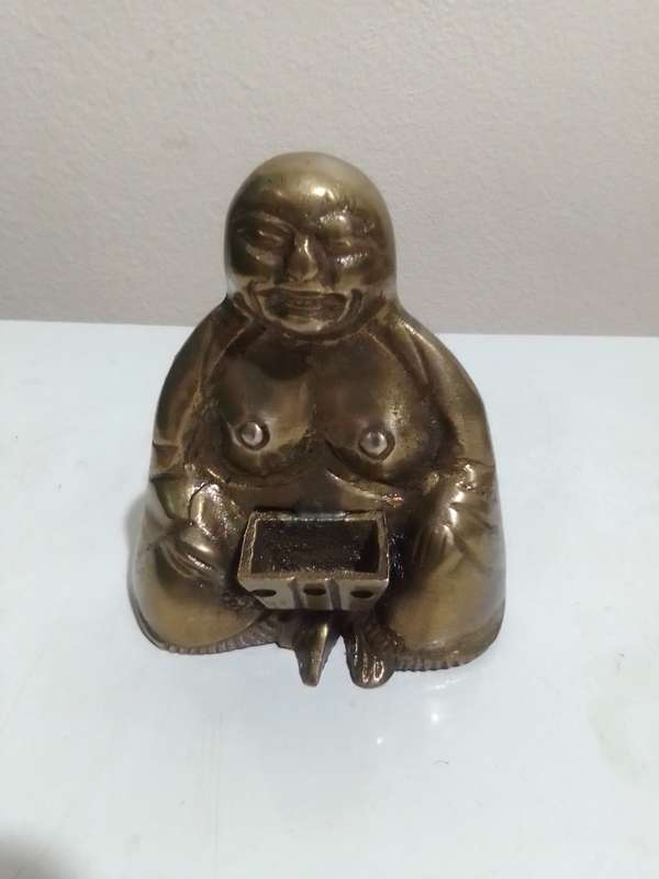 Collectible brass. A rare brass Budai incense burner+ A large brass Moon face pin tray.