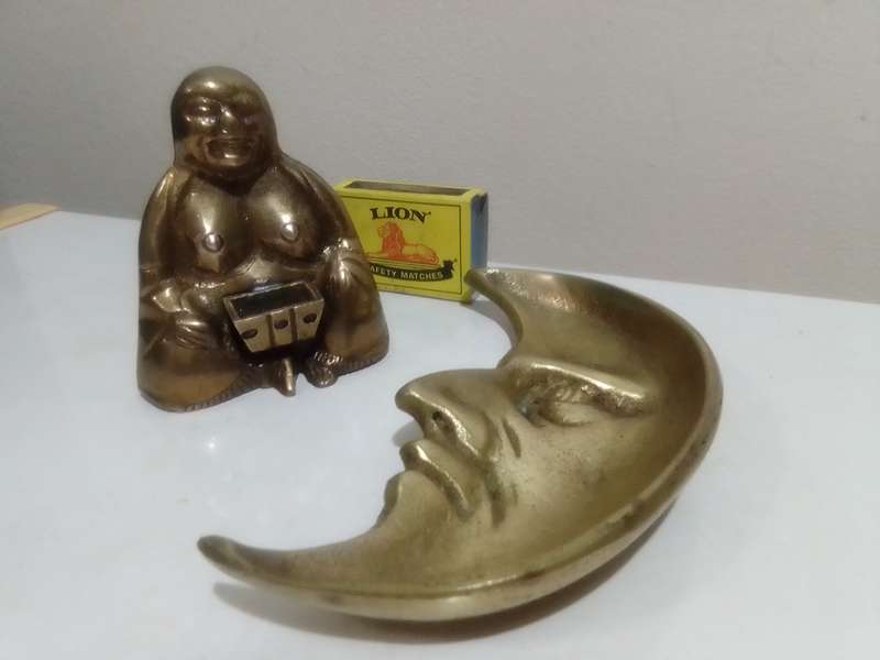 Collectible brass. A rare brass Budai incense burner+ A large brass Moon face pin tray.