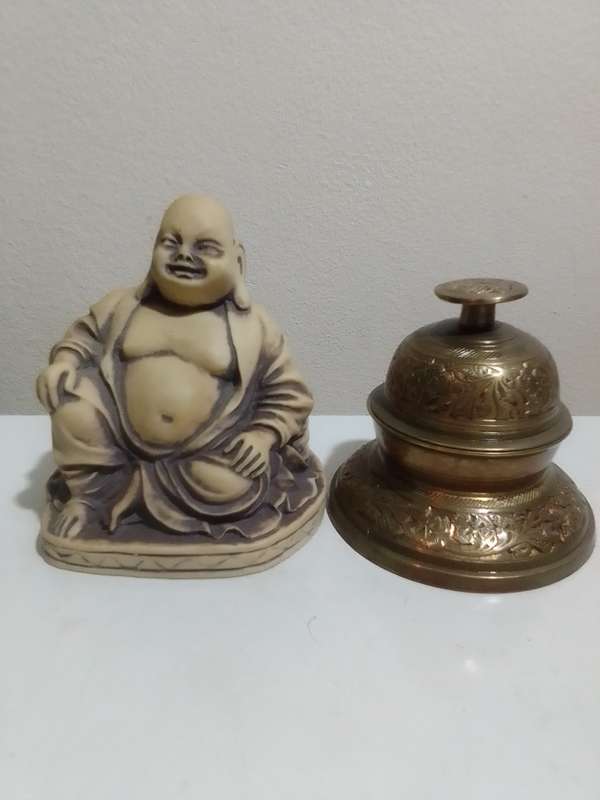 Wow Vintage Chinese Hotei Laughing Buddha Statue and a Buddhist Brass Elephant Claw Bell with Stand