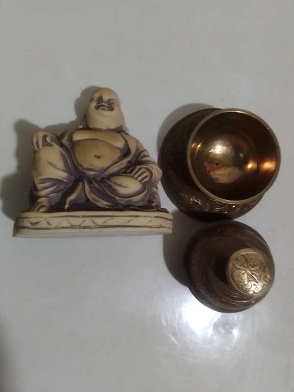 Wow Vintage Chinese Hotei Laughing Buddha Statue and a Buddhist Brass Elephant Claw Bell with Stand