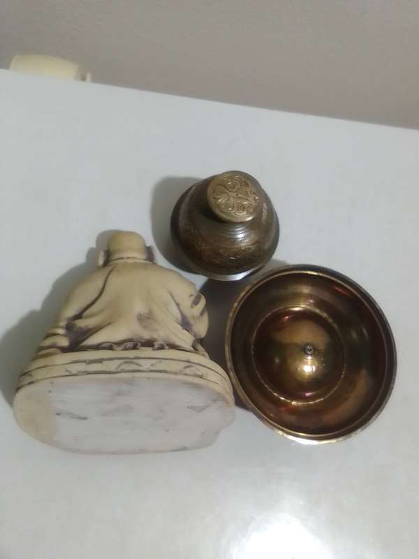 Wow Vintage Chinese Hotei Laughing Buddha Statue and a Buddhist Brass Elephant Claw Bell with Stand
