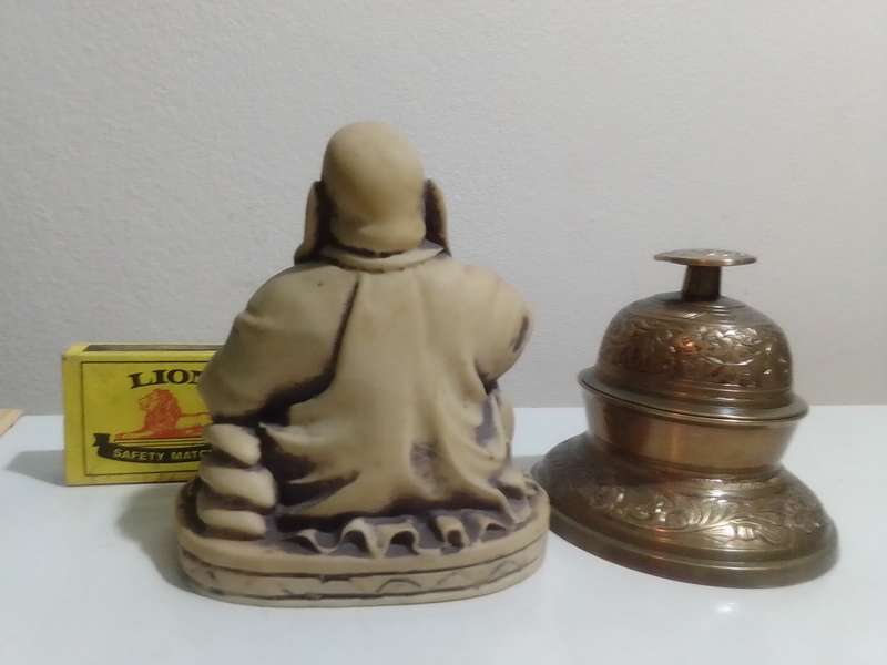Wow Vintage Chinese Hotei Laughing Buddha Statue and a Buddhist Brass Elephant Claw Bell with Stand