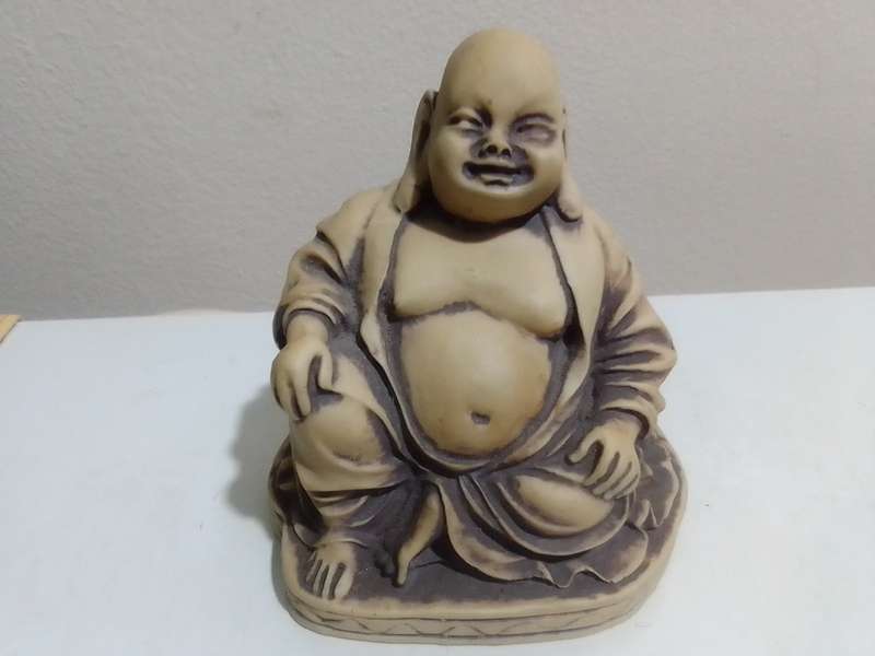 Wow Vintage Chinese Hotei Laughing Buddha Statue and a Buddhist Brass Elephant Claw Bell with Stand
