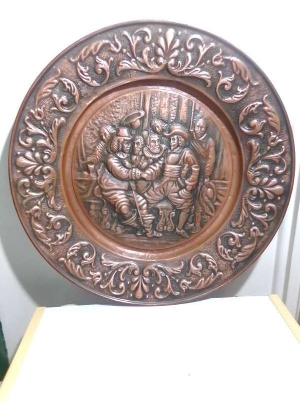Very! very! Large ornately Embossed Copper Jan Van Rebeck in a Tavern Scene. hand Chased/hammered.