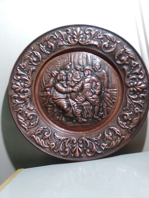 Very! very! Large ornately Embossed Copper Jan Van Rebeck in a Tavern Scene. hand Chased/hammered.