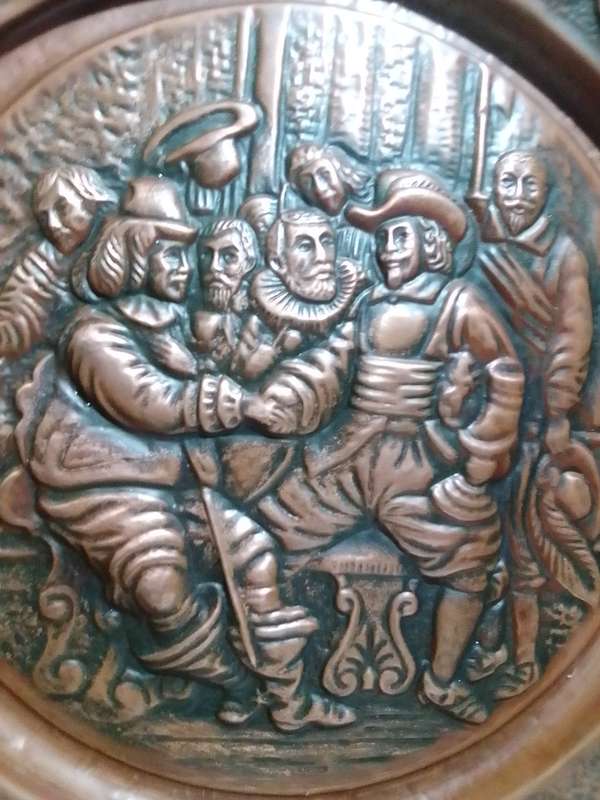 Very! very! Large ornately Embossed Copper Jan Van Rebeck in a Tavern Scene. hand Chased/hammered.