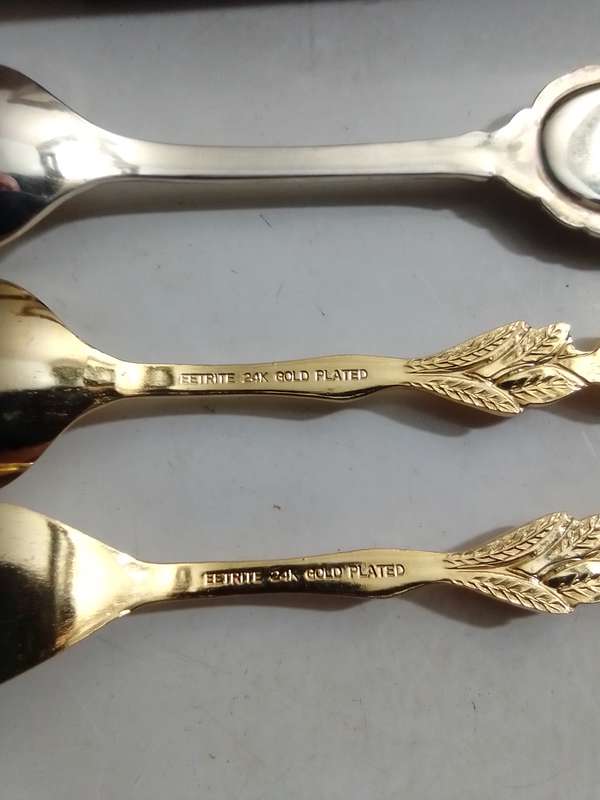 24Kt Gold Eetrite G.P. Rose 6 Cake Forks 6 Spoons Boxed + 1 collectible chrome spoon boxed.